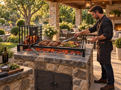 Person cooking meat and vegetables over embers on a 45-inch Uruguayan grill kit with side brasero in a rustic outdoor kitchen