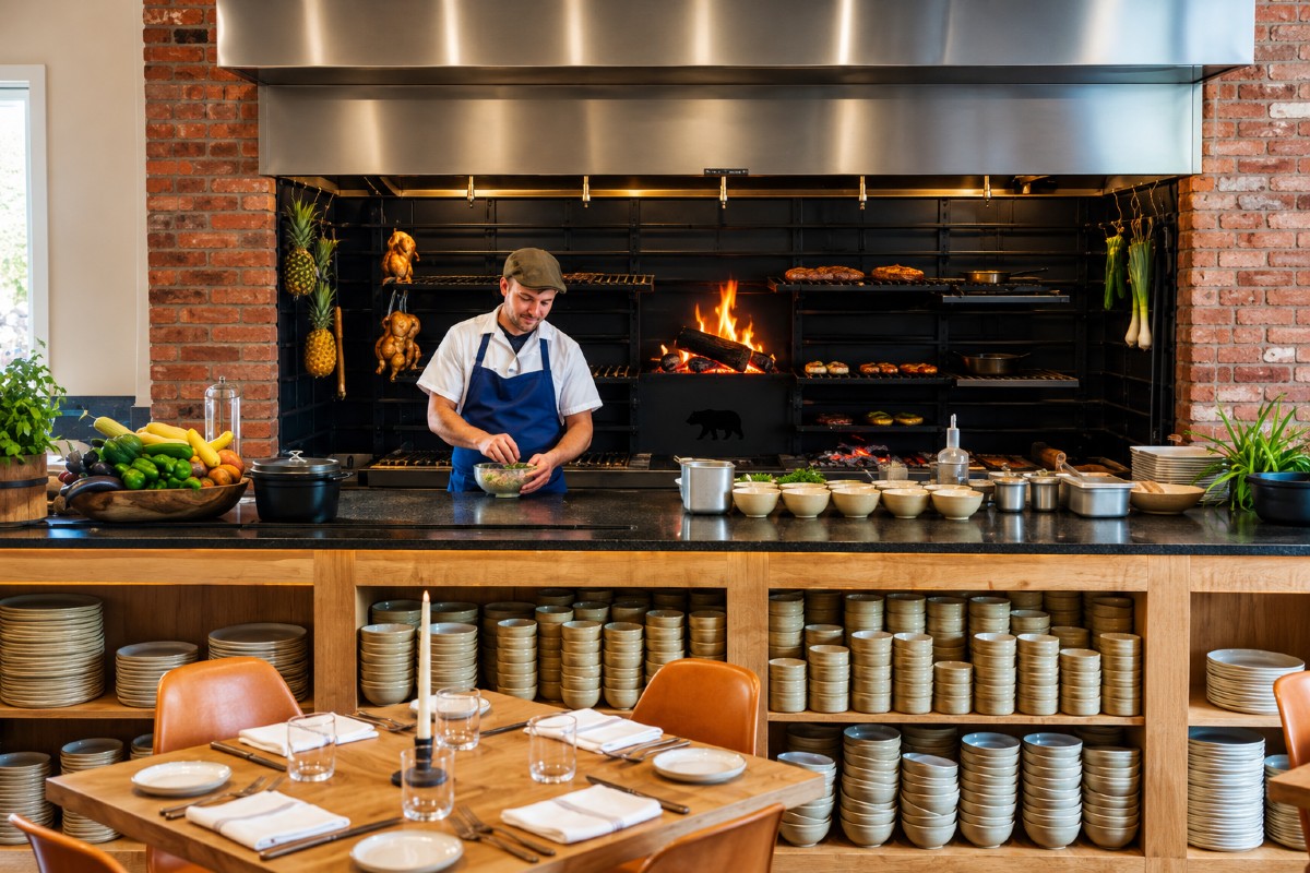 #2991 Commercial Modular Live-Fire Cooking System with Pinch System in a professional restaurant kitchen with chefs cooking over a live wood fire.