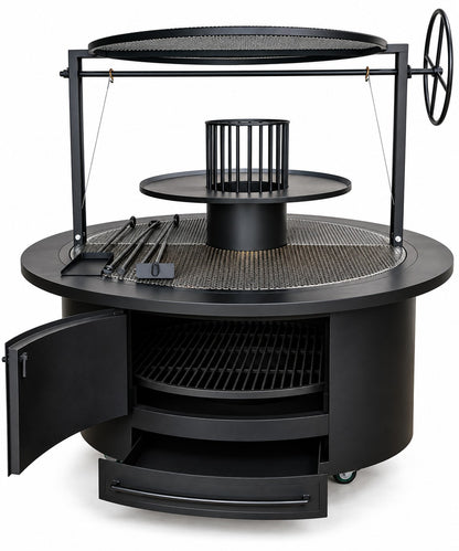#3044 round commercial charbroiler with open front showing adjustable-height fuel grate