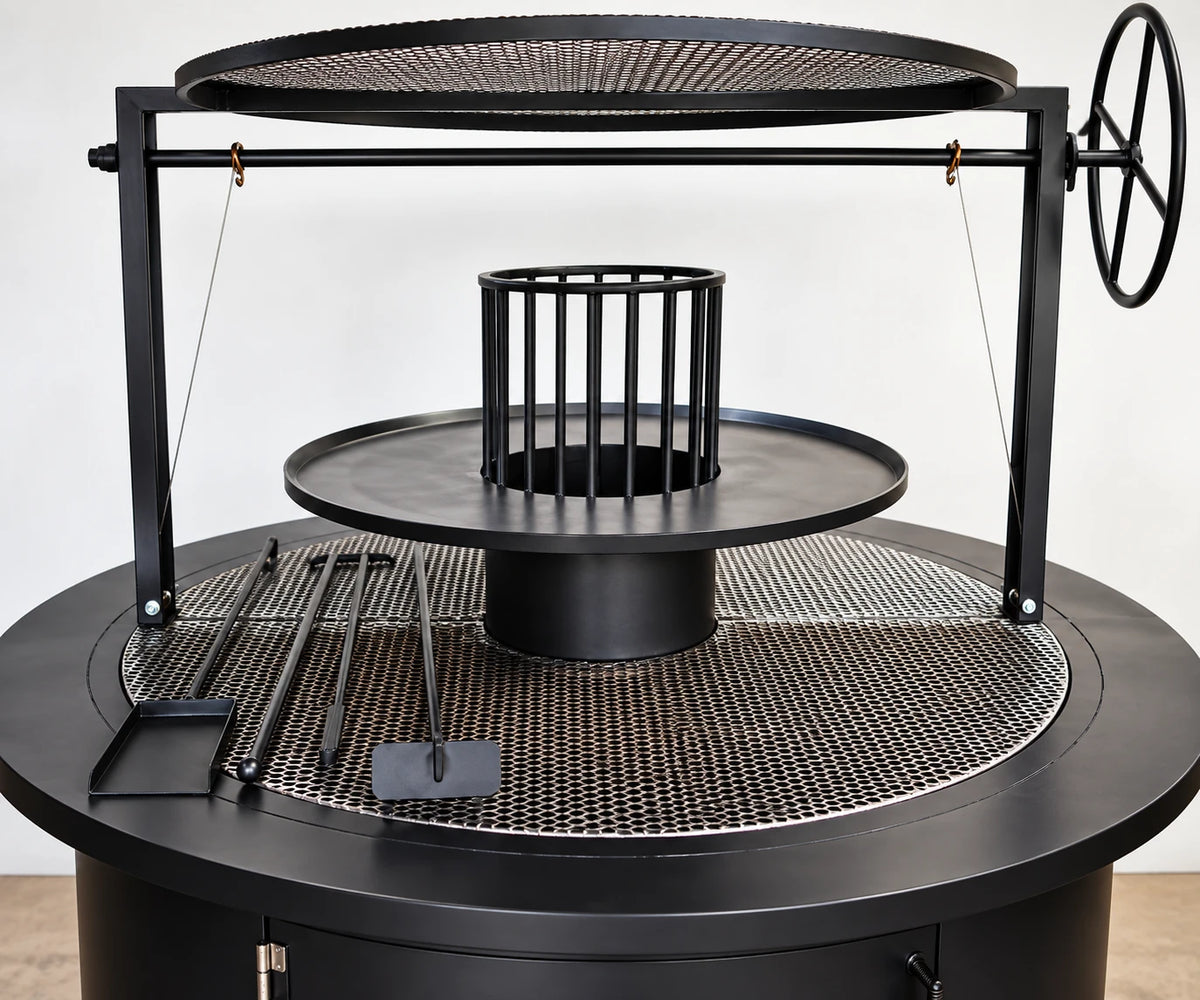 #3044 round commercial charbroiler with center brasero and fixed cooking surface