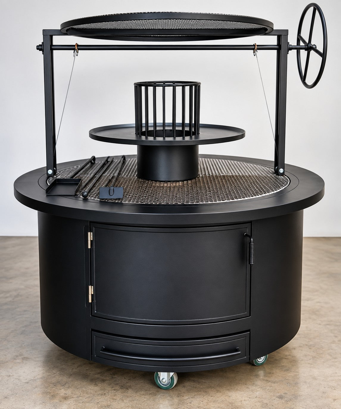 #3044 round insulated commercial charbroiler with center brasero and adjustable fuel grate