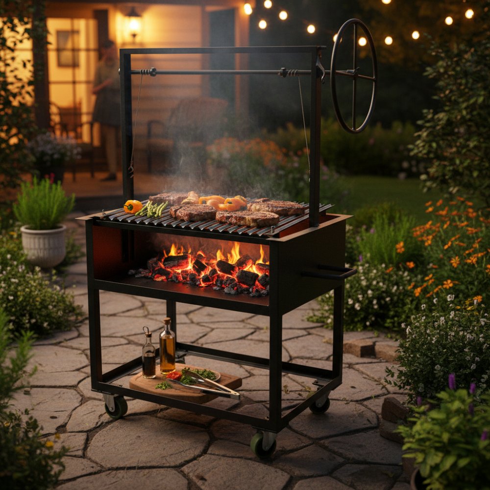 Portable grill for wood or charcoal burning with adjustable height grate.