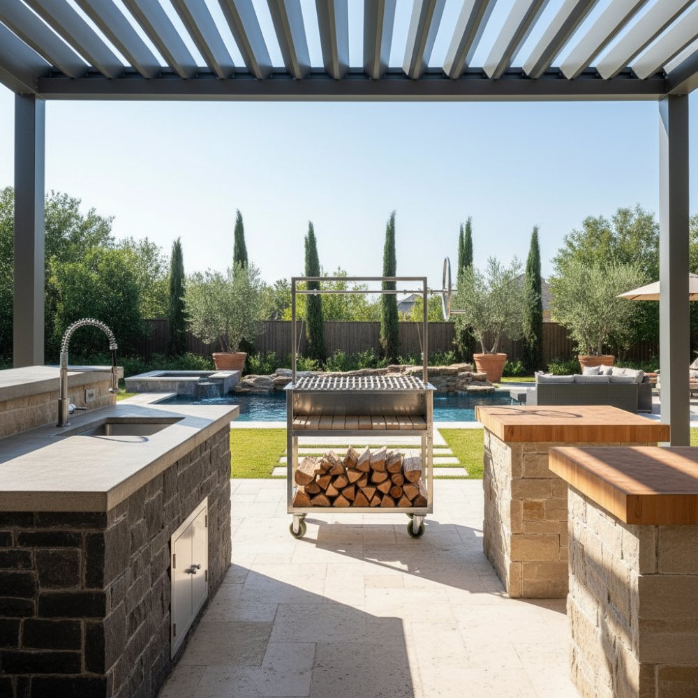 Outdoor Kitchen with Portable Stainless Grill for Wood or Charcoal Burning. Adj height grate with side wheel. 