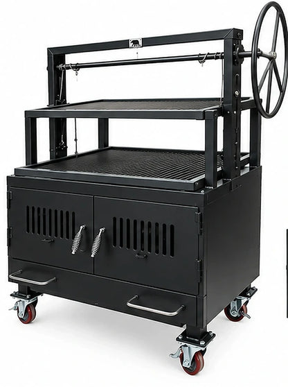 NSF Certified Model #4446 Commercial Tiered Charbroiler Grill, angled view showing two cooking levels, side-mounted hand wheel, enclosed firebox, and heavy-duty casters.