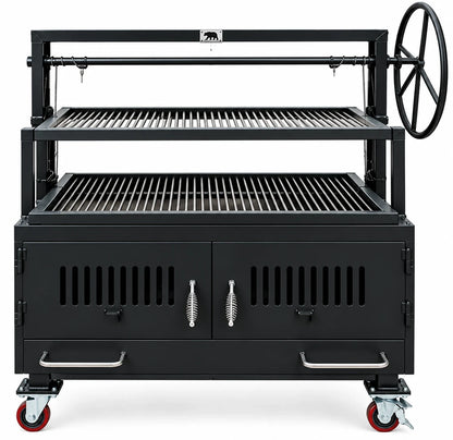 NSF Certified Model #4446 Commercial Tiered Charbroiler Grill, front view showing two cooking levels, adjustable grate, side hand wheel, and enclosed firebox.