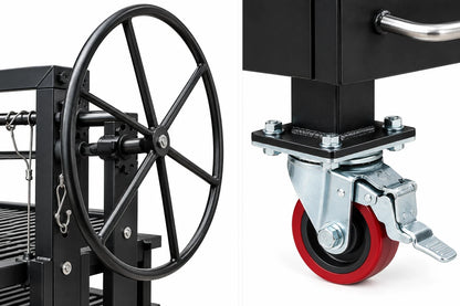 Close-up of the adjustable cooking grate hand wheel and heavy-duty locking caster on the NSF Certified #4446 Commercial Tiered Charbroiler Grill.