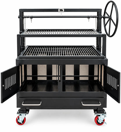NSF Certified Model #4446 Commercial Tiered Charbroiler Grill with front firebox doors open, showing the interior firebox and adjustable cooking grates.