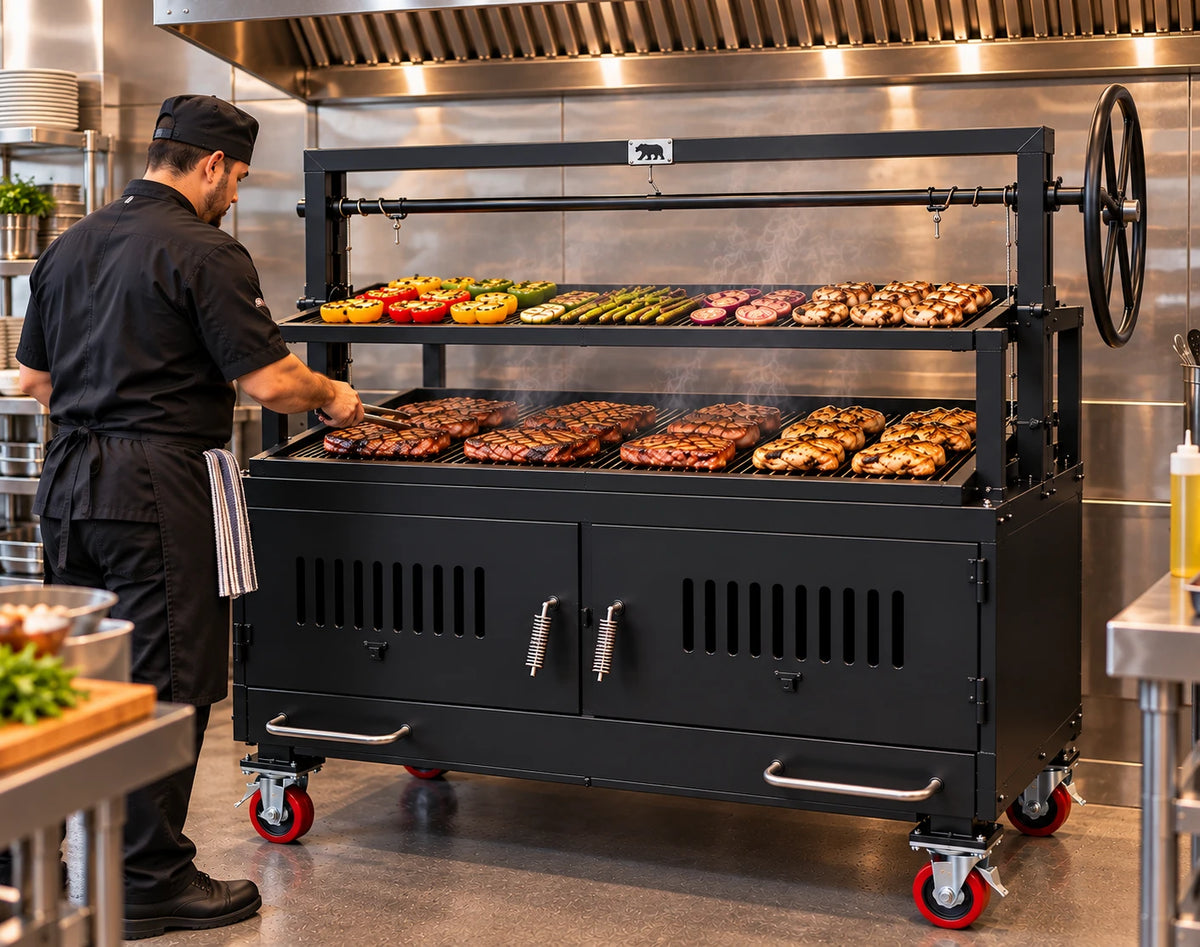 NSF Certified Model #4446 Commercial Tiered Charbroiler Grill cooking steaks, chicken, and vegetables under a ventilation hood in a steakhouse kitchen.