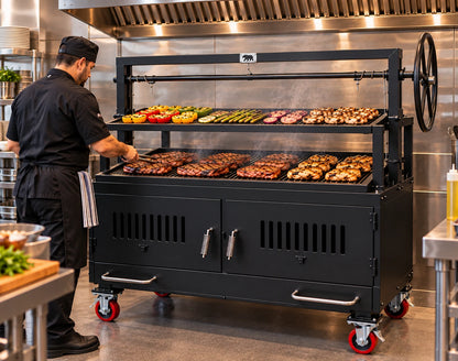 NSF Certified Model #4446 Commercial Tiered Charbroiler Grill cooking steaks, chicken, and vegetables under a ventilation hood in a steakhouse kitchen.