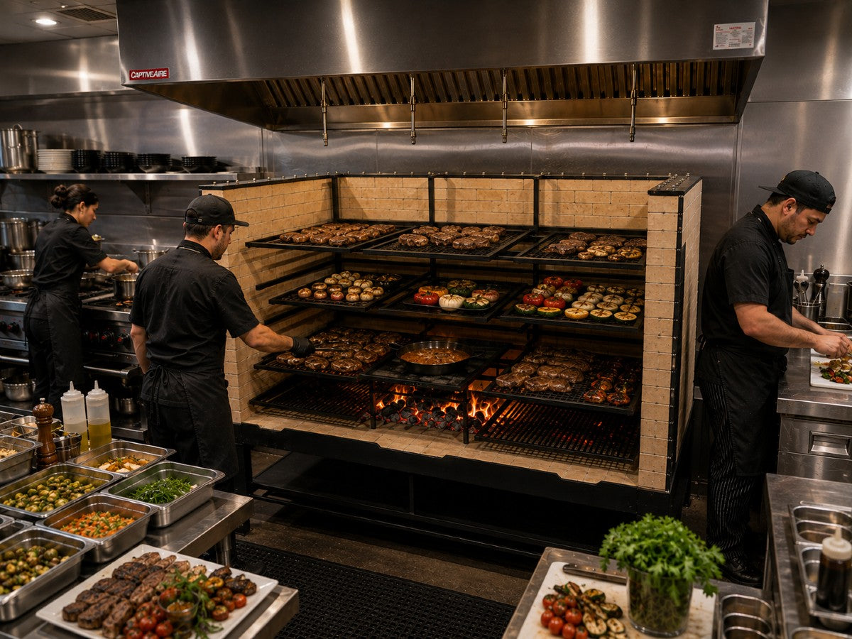 Commercial Modular Fire Table Grill with our Pinch System installed in a professional restaurant kitchen with chefs preparing food over wood-fired embers.