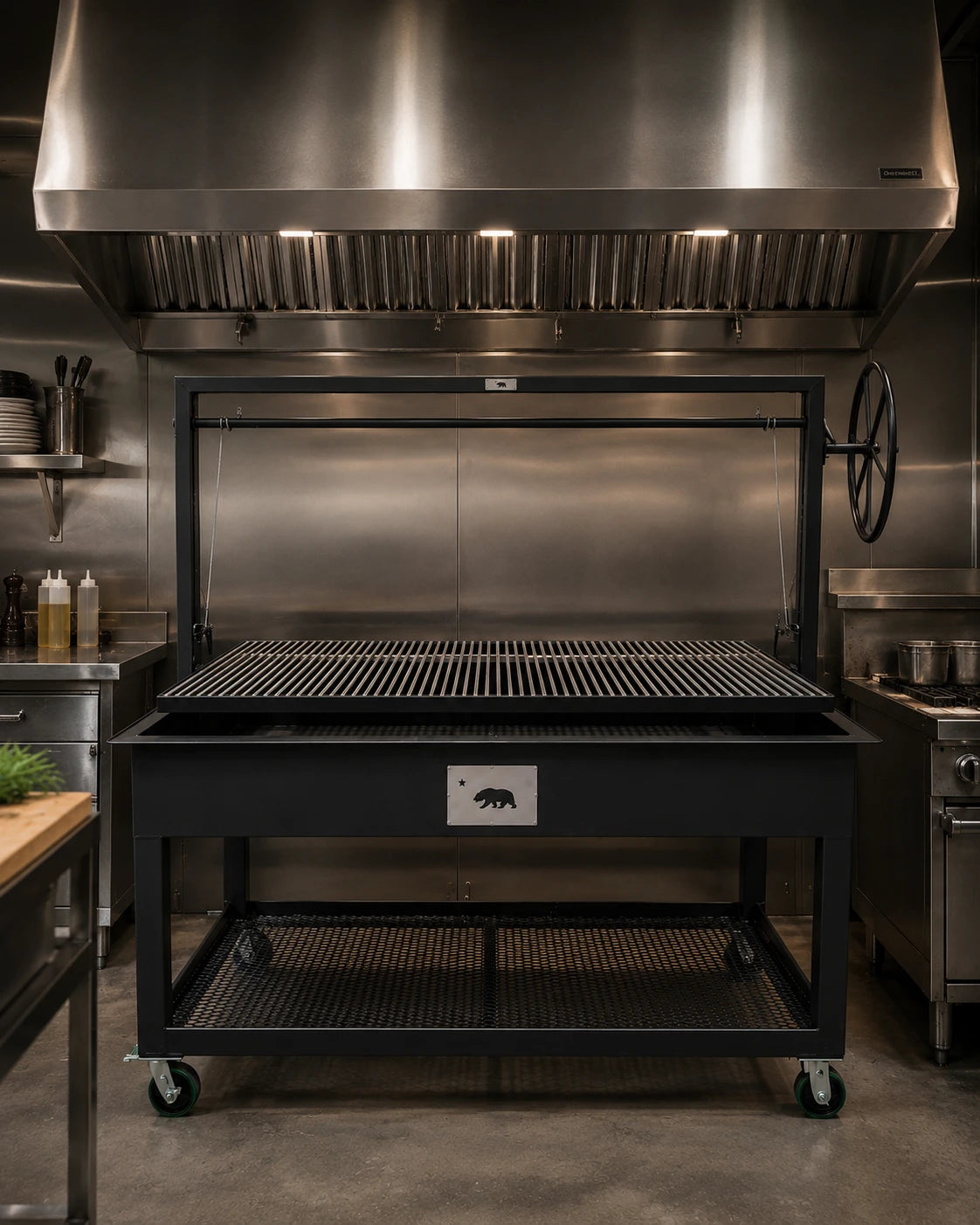 #4540 commercial charcoal grill installed under a restaurant kitchen ventilation hood