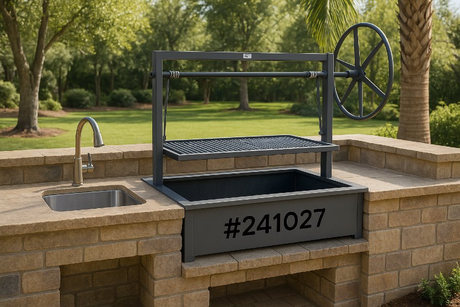 Outdoor kitchen setup with sink and a solid fuel Santa Maria grill on a stone patio