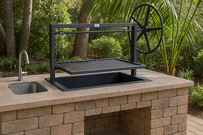 Outdoor kitchen setup with grill, sink, and decorative wheel on a stone countertop.