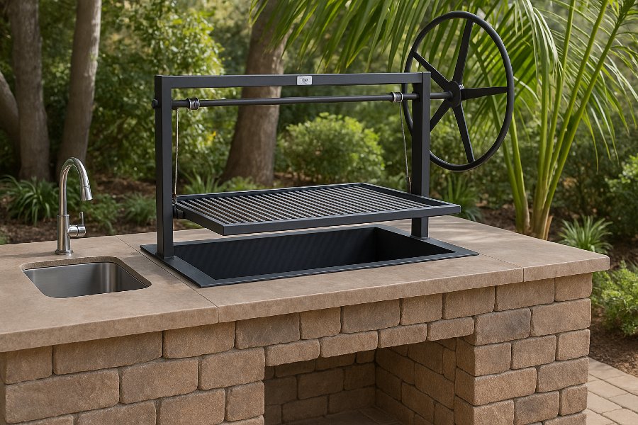 Outdoor kitchen setup with grill, sink, and decorative wheel on a stone countertop.