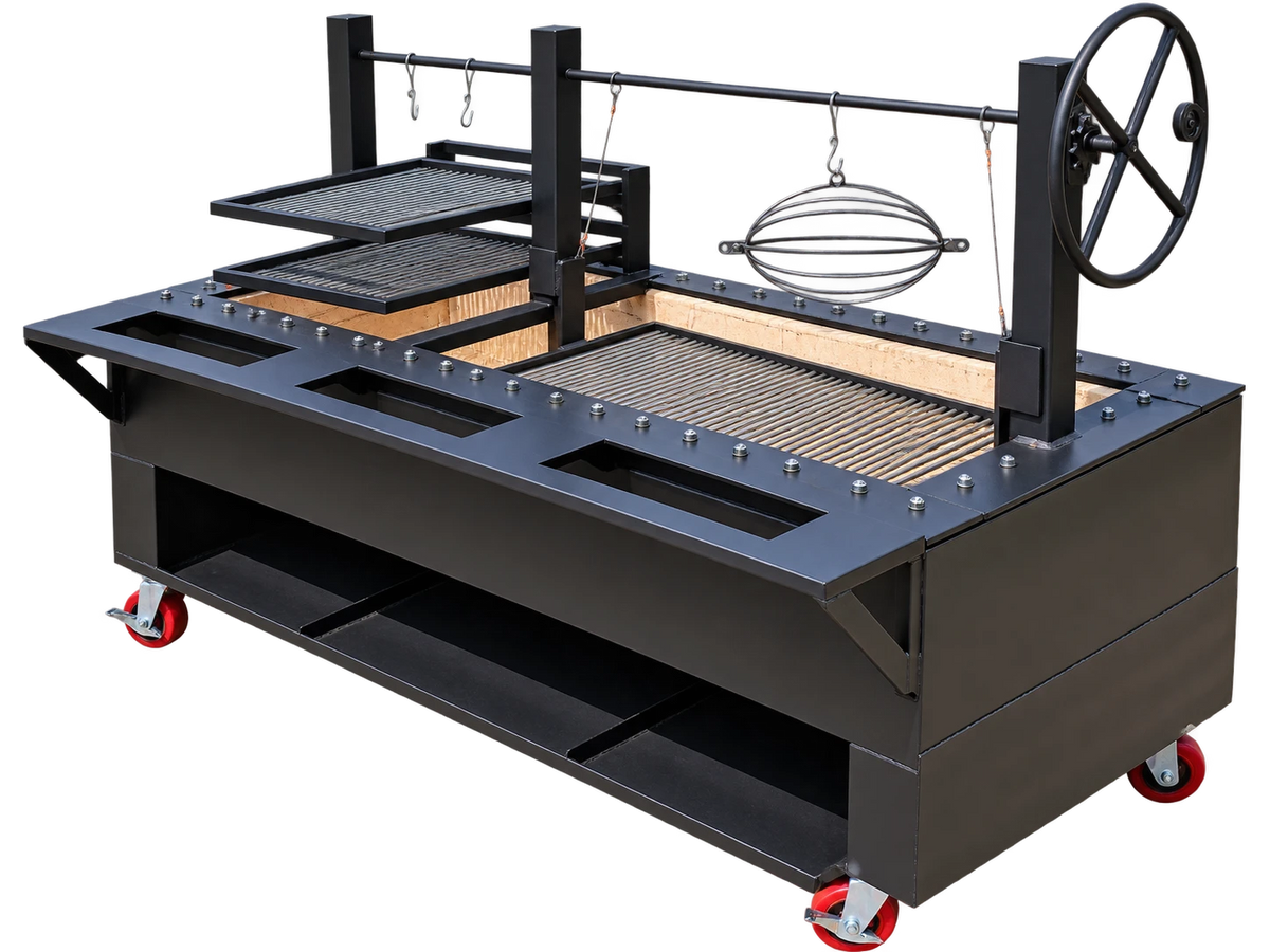 #4770 commercial split charbroiler with food hanging rod, hooks and multi-level cooking rack