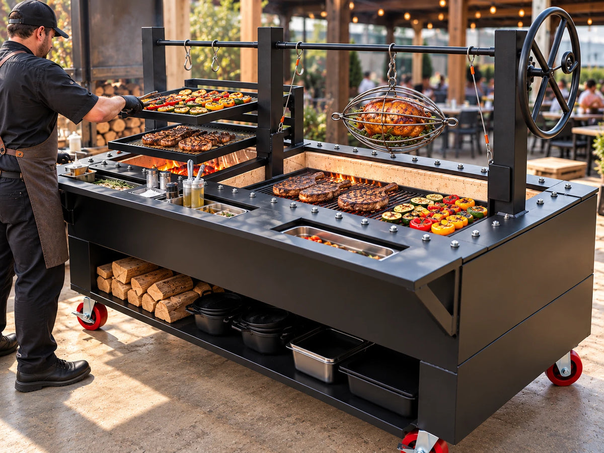 #4770 commercial split charbroiler in use for outdoor live-fire cooking with chicken roasting basket