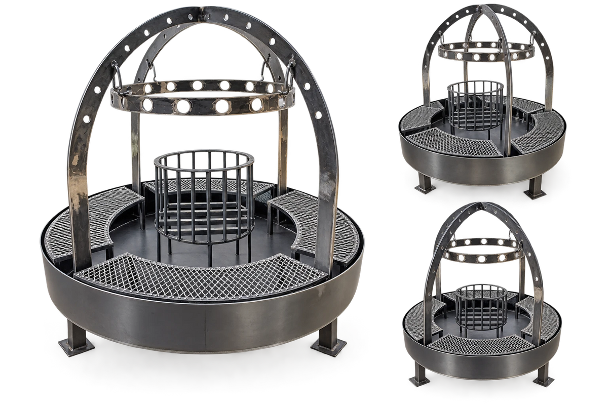 #5050 Round Catering Grill with center fire basket, perimeter cooking grates and overhead hanging rack