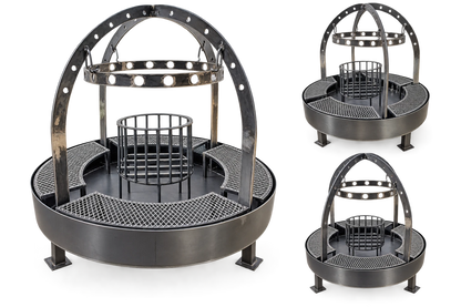 #5050 Round Catering Grill with center fire basket, perimeter cooking grates and overhead hanging rack