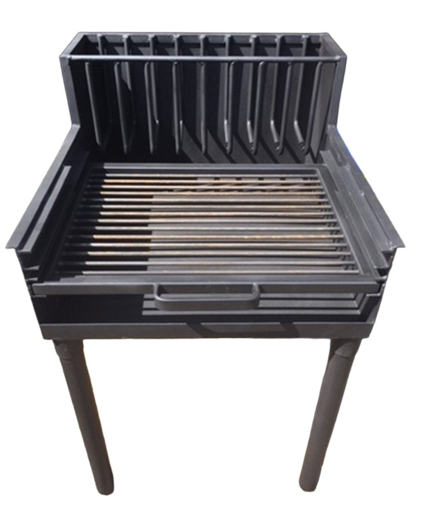 Armado wood-burning grill with round rod cooking grate and built-in brasero for ember control