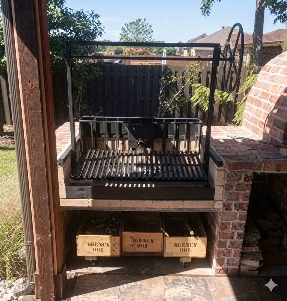 Argentine grill with rear brasero and 3-sided flange installed in an outdoor masonry firebox, shown with adjustable V-grate for wood and charcoal cooking.