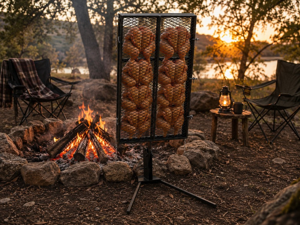 241264 Asado Poultry Cross with Adjustable Base roasting split chickens over a campfire in an outdoor campsite setting with live wood fire cooking.