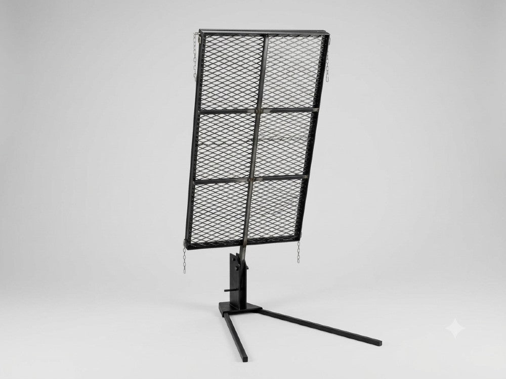 241264 Asado Poultry Cross with Adjustable Base and steel cooking frame for grilling split chickens over wood fire or charcoal.