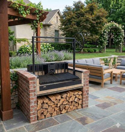 Outdoor kitchen featuring an Argentine grill with rear brasero and 3-sided flange built into a brick masonry firebox, ready for wood-fired grilling.