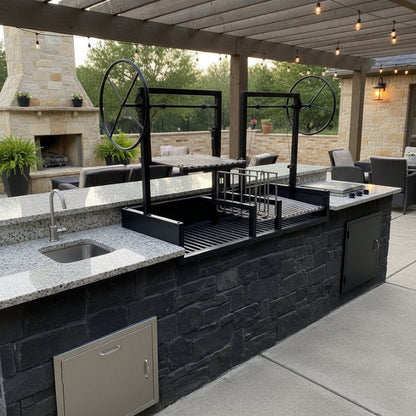 Built-In Split Argentine Grill with Center Brasero and Dual Adjustable Grates, shown in Black Steel with free matching 3-piece Argentine BBQ Tool Set.