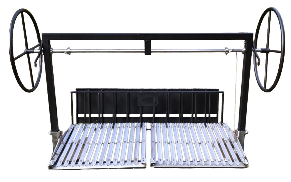 Split Cantilevered Argentine Grill with dual adjustable grates, rear brasero, and optional rotisserie installed in a masonry firebox