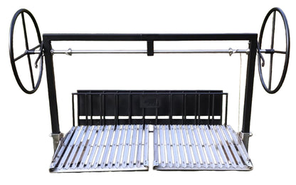 Split Cantilevered Argentine Grill with dual adjustable grates, rear brasero, and optional rotisserie installed in a masonry firebox