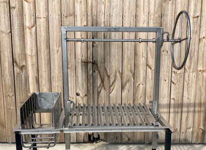 Stainless steel Argentine grill kit with side brasero and 4-sided flange showing close-up of the stainless V-grate and ember maker.