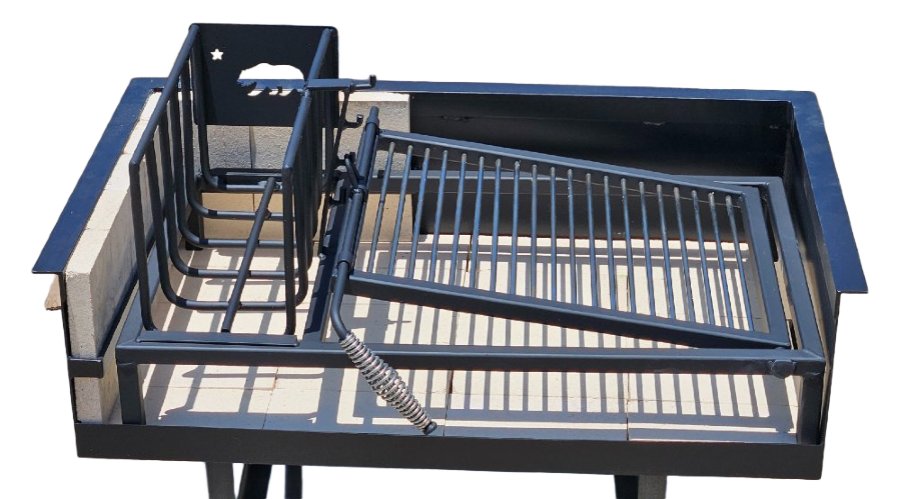 Front view of Built-In Uruguayan Grill with side brasero and round rod grate, featuring adjustable grill height and angle.