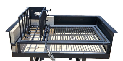 Front view of Built-In Uruguayan Grill with side brasero and round rod grate, featuring adjustable grill height and angle.