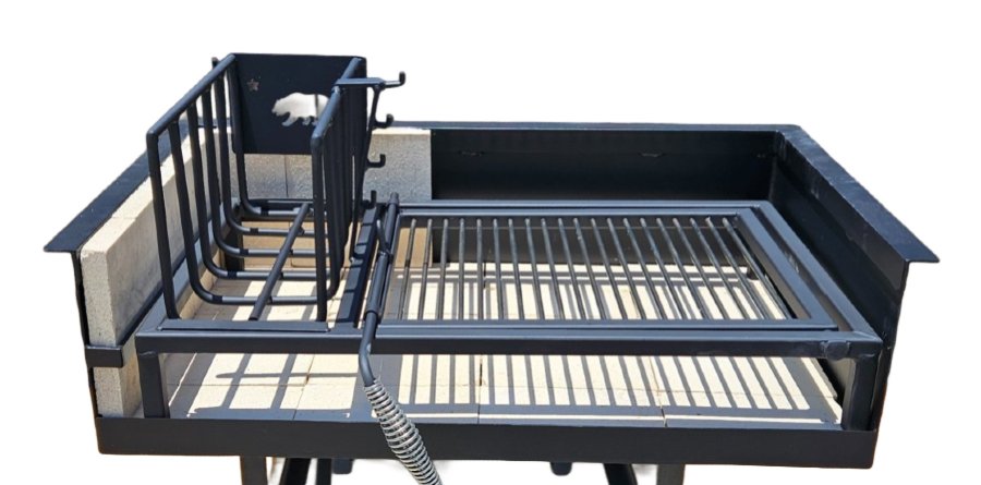 Front view of Built-In Uruguayan Grill with side brasero and round rod grate, featuring adjustable grill height and angle.