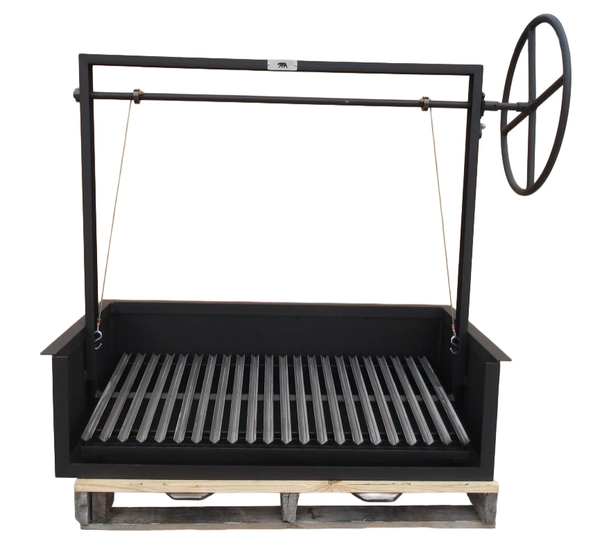 Argentine Built-In Grills with a Steel Firebox, Argentine V-Grate with Drip Pan, Side Wheel to Raise and Lower the Height of the Grill Grate. 