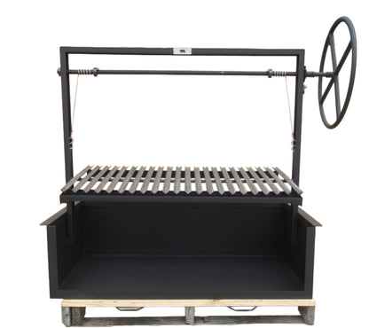 Argentine Built-In Grills with a Steel Firebox, Argentine V-Grate with Drip Pan, Side Wheel to Raise and Lower the Height of the Grill Grate. 