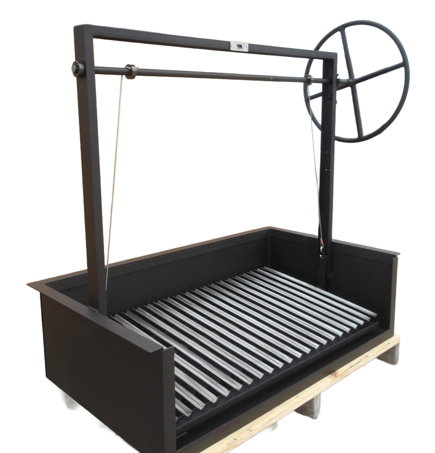 An Argentine built-in grill featuring a steel firebox, a V-grate with a drip pan, and a side wheel to adjust the height of the grill grate. 