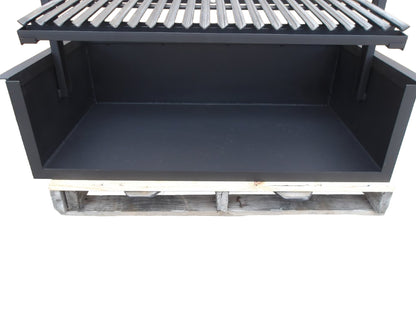 An Argentine built-in grill featuring a steel firebox, a V-grate with a drip pan, and a side wheel to adjust the height of the grill grate. 