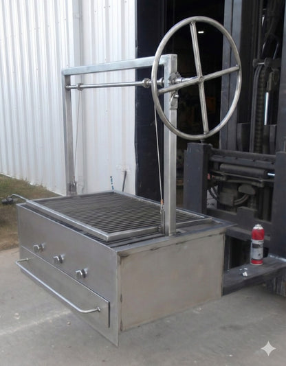 Adjustable Argentine V-Grate Cooking Surface with Integrated Drip Pan and Stainless Steel Lifting Cables