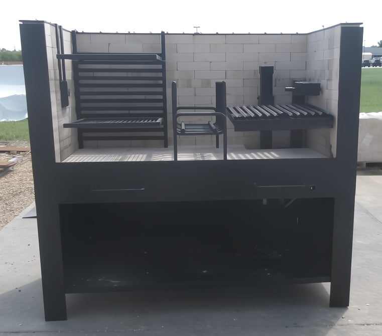 Model 021425 NSF Firetable Grill front view showing Pinch System Workstation and Adjustable Height Grate using a Cableless System with Heavy Duty Center Ember Maker and Two Ash Drawers