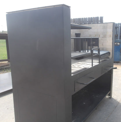 Model 021425 NSF Firetable Grill side view showing Pinch System Workstation and Adjustable Height Grate using a Cableless System with Heavy Duty Center Ember Maker and Two Ash Drawers 