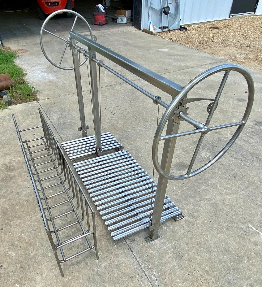 No Flange Split Argentine Grill Kit with rear brasero, slanted V-grates, and dual adjustable-height grates for a masonry firebox