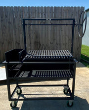 Portable Wood Fire and Charcoal  Argentine Grill with Ember Making Side Brasero, V-Grate with Drip Pan, and Adjustable Height Grill Grate