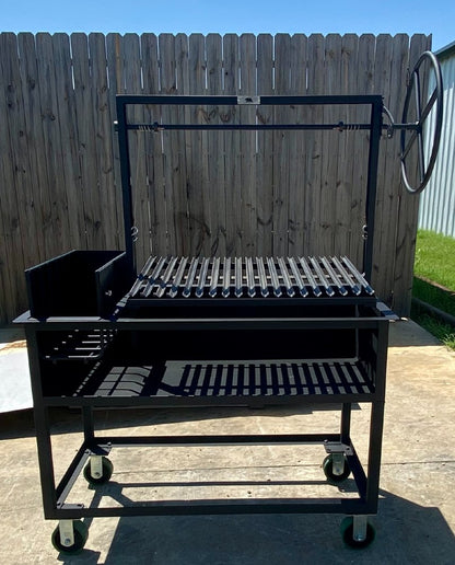 Portable Wood Fire and Charcoal  Argentine Grill with Ember Making Side Brasero, V-Grate with Drip Pan, and Adjustable Height Grill Grate