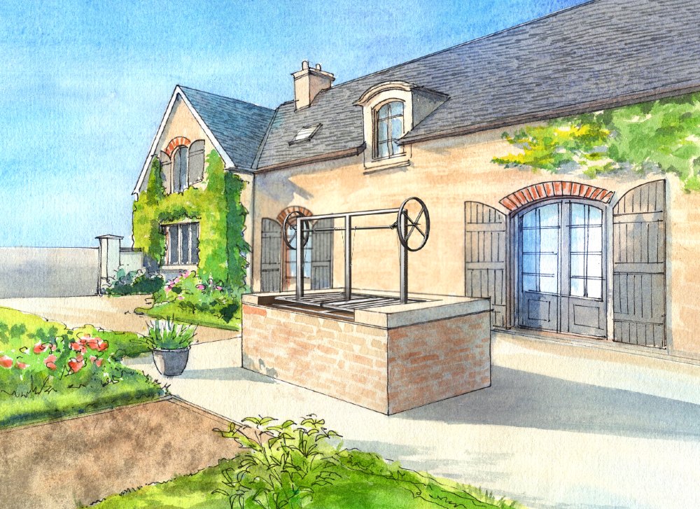 Outdoor patio scene with a rustic stone house and garden, featuring a Split Stainless Steel BBQ Grill Kit installed on a brick base, showcasing its durable construction and elegant design for backyard cooking.