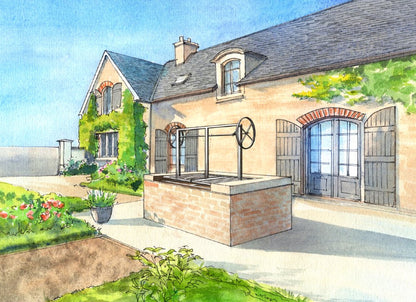Outdoor patio scene with a rustic stone house and garden, featuring a Split Stainless Steel BBQ Grill Kit installed on a brick base, showcasing its durable construction and elegant design for backyard cooking.