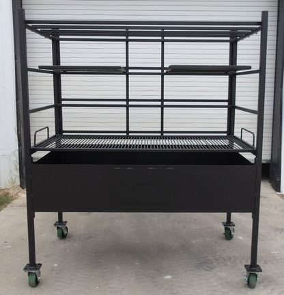 Front view of Portico Open-Fire BBQ Grill #4947 with 14-inch deep firebox and heavy-duty steel construction on caster wheels.
