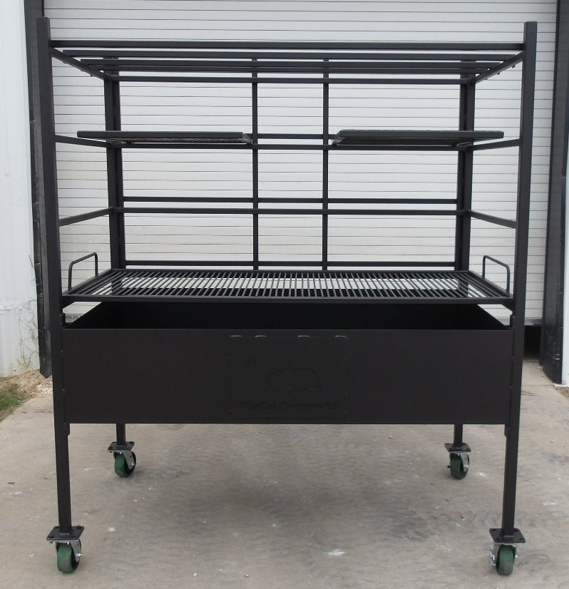 Front view of Portico Open-Fire BBQ Grill #4947 with 14-inch deep firebox and heavy-duty steel construction on caster wheels.