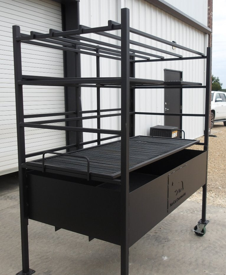 Side angle of Portico #4947 open-fire BBQ grill showing multiple cooking levels and spacious grilling surface.