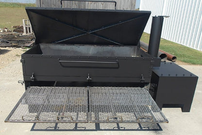 Pull-out smoker grates extended for easy loading and unloading of food on a commercial offset wood smoker